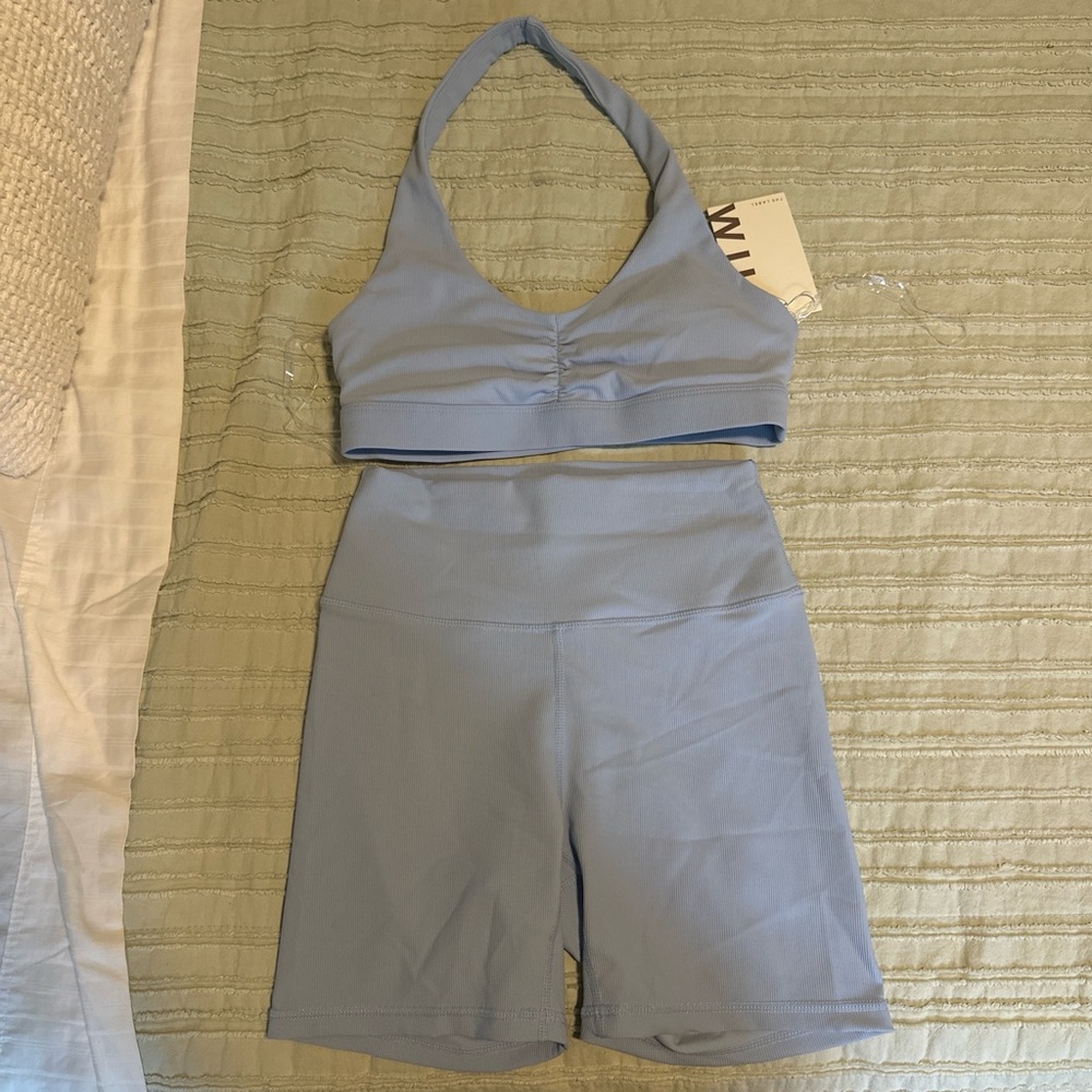 WILO the Label Baby Blue Ribbed Workout Set - Shorts and Halter Sports Bra (NWT)